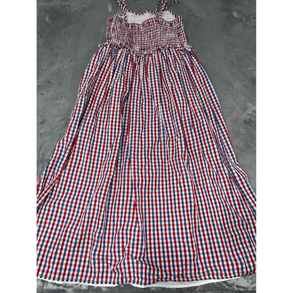 Sperry Red White Blue Gingham Plaid Smocked Maxi Dress Medium Nautical Summer